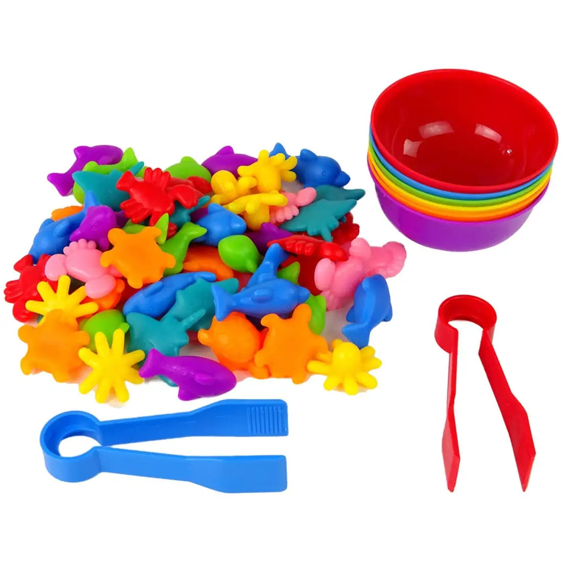 Set Woopie cu animale marine, boluri stivuite și două pensete pentru exerciții de motricitate fină.