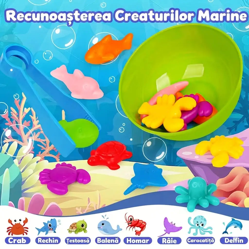Joc Woopie pentru recunoașterea creaturilor marine, cu figurine colorate și bol de sortare.