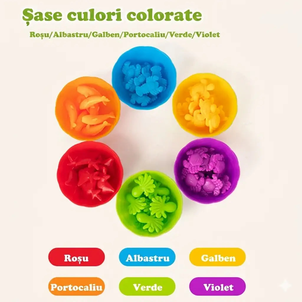Imagine cu cele șase culori ale jocului Woopie: roșu, albastru, galben, portocaliu, verde și violet.