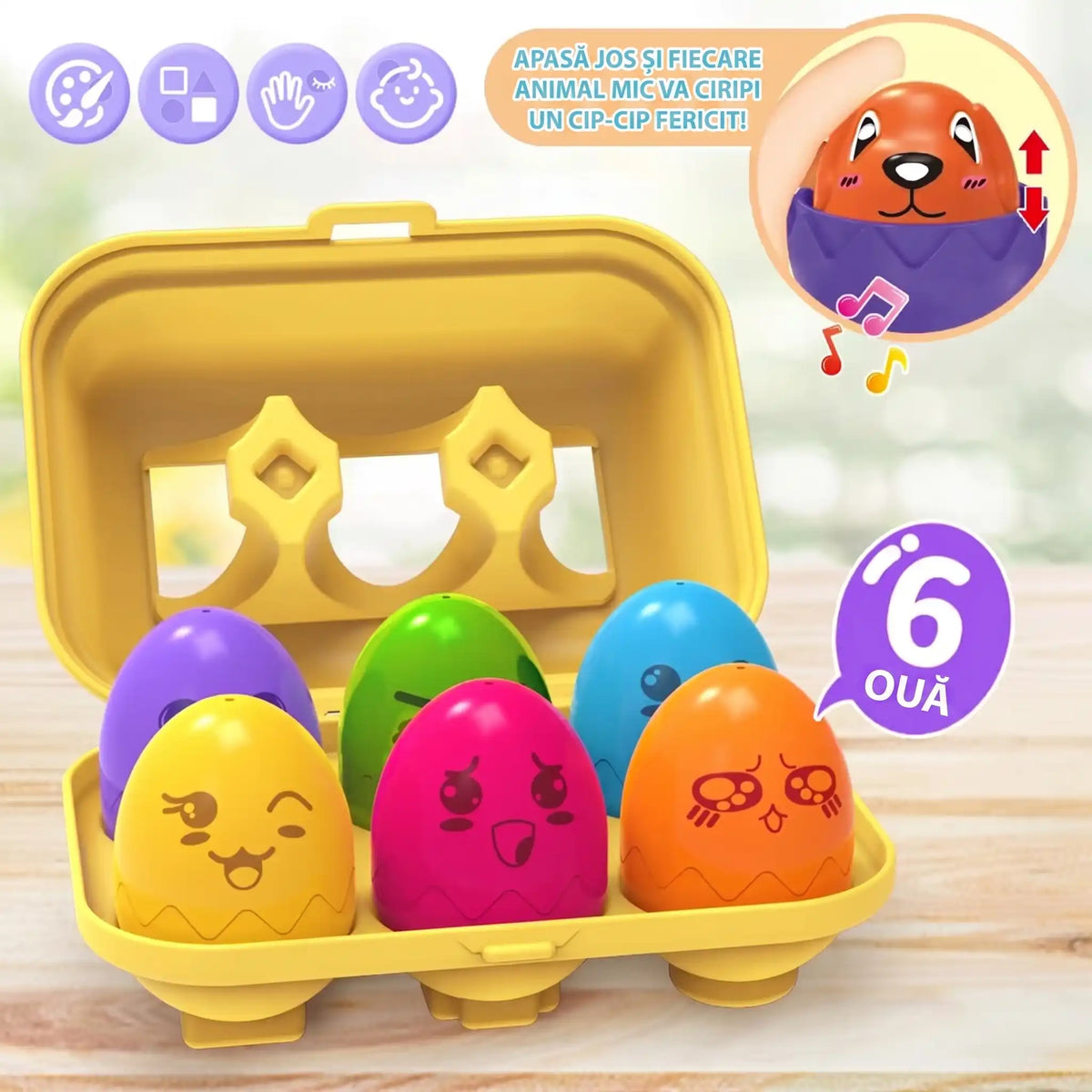 Set Woopie Ouă cu animale Montessori în cutie galbenă, cu 6 ouă colorate, forme geometrice și sunet la apăsare.
