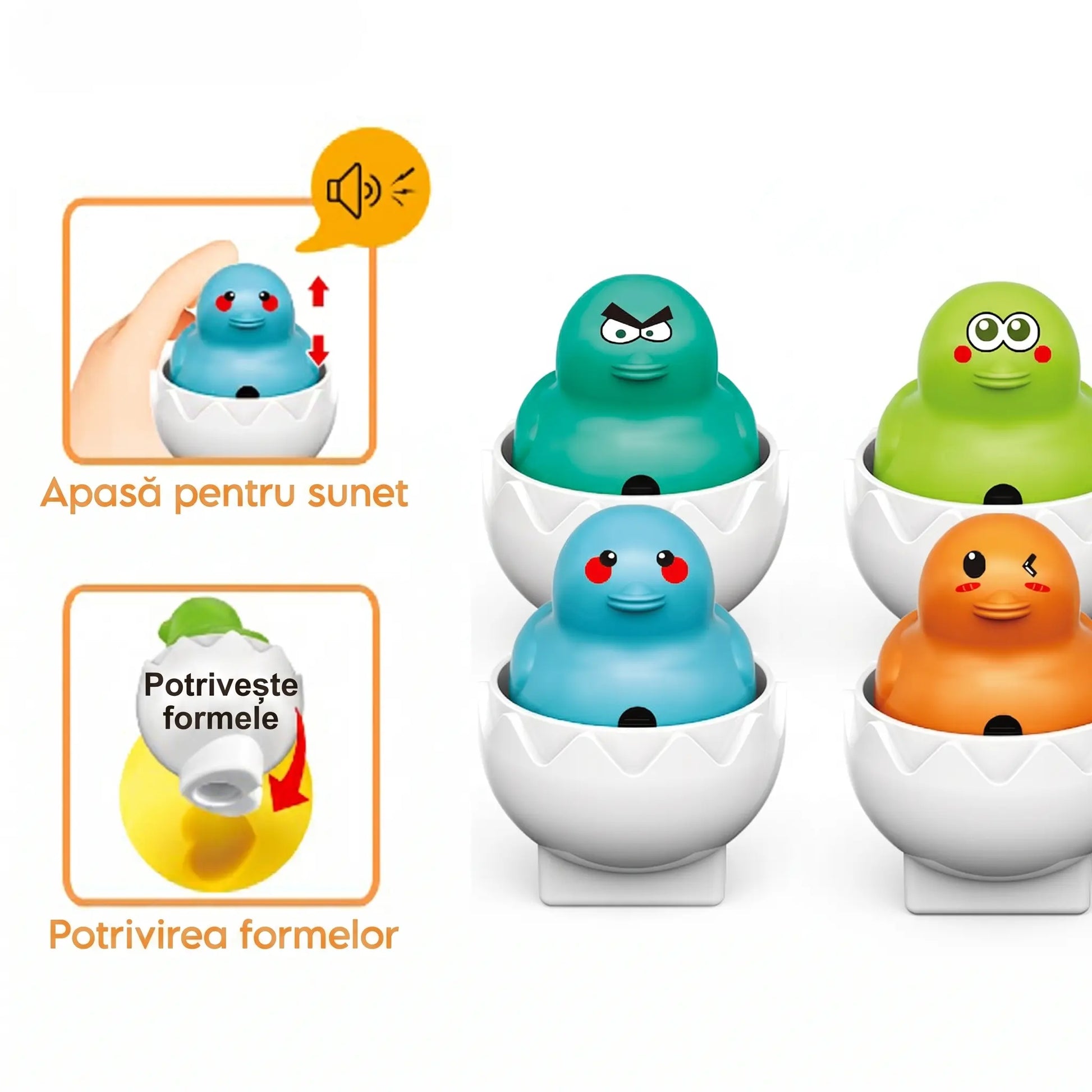 Set Woopie Ouă cu puișori Montessori în cutie galbenă, cu 6 ouă albe, puișori colorați, forme și sunet la apăsare.