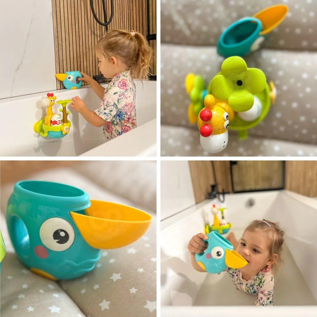 Copil care toarnă apă peste jucăria Girafă Woopie