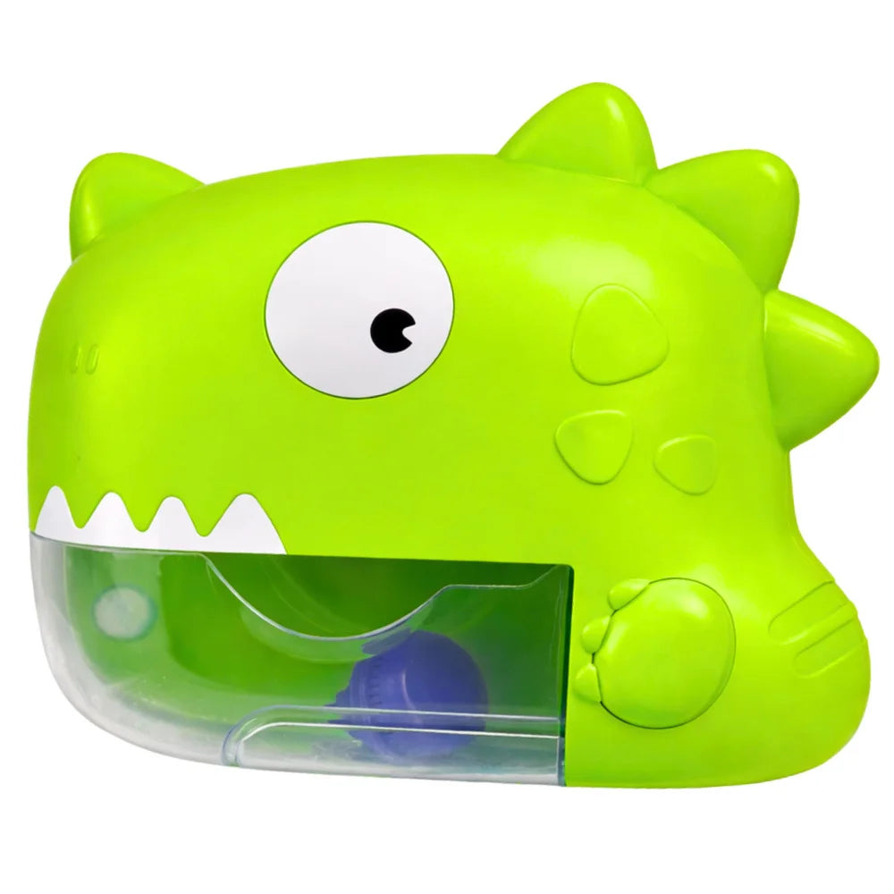 Jucărie de baie Lean Toys în formă de dinozaur verde, generator de spumă cu rezervor transparent.