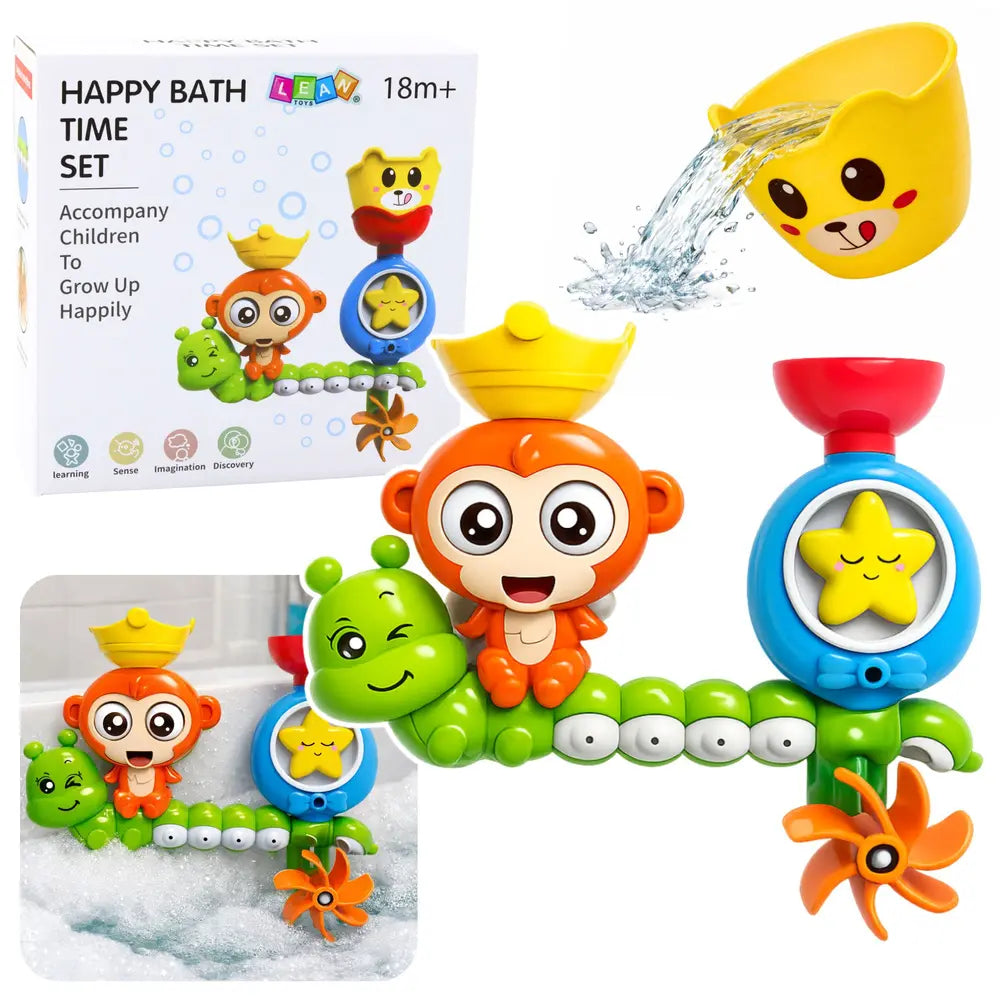 Set Lean Toys Happy Bath Time cu omidă, maimuță, stea, cupă și roată de apă, 18+ luni.