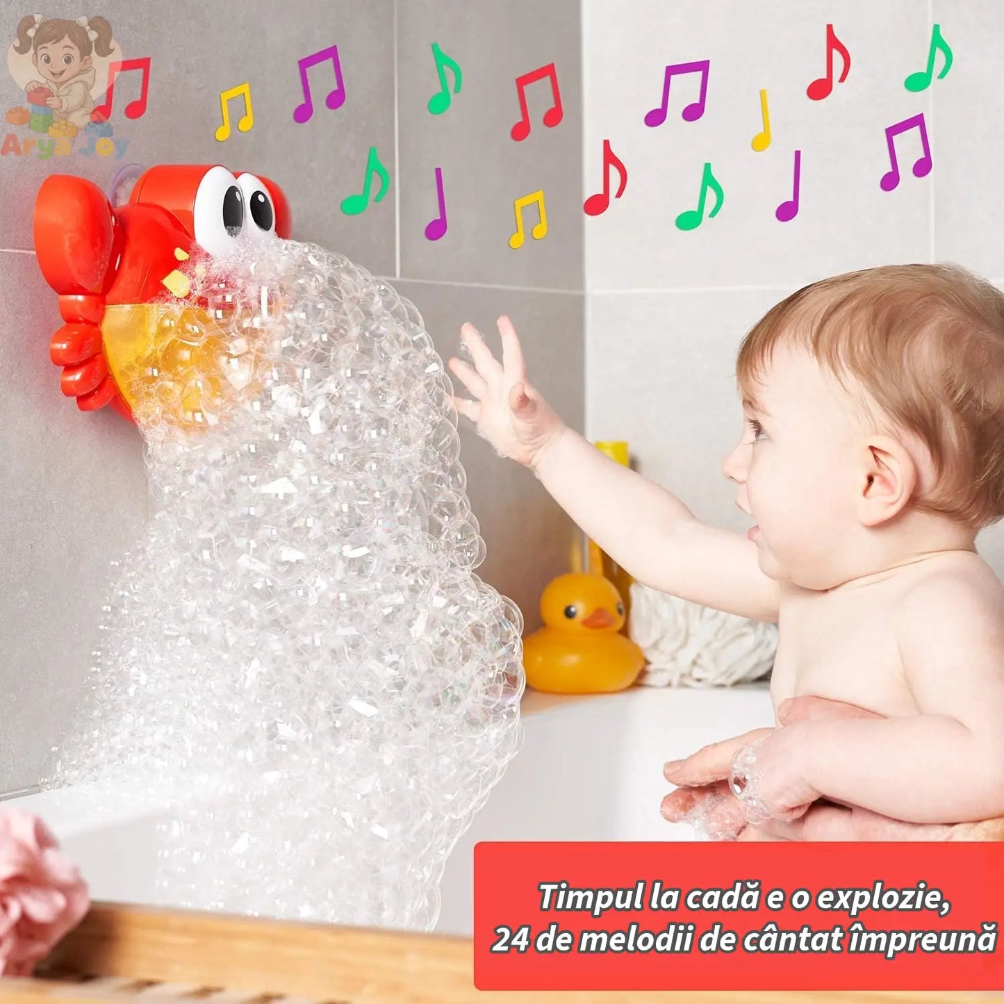 Copil în cadă care se joacă lângă Woopie Bubble Crab cu spumă abundentă și note muzicale.