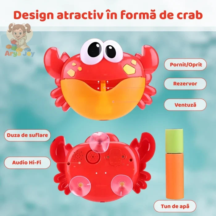 Infografic cu designul jucăriei Woopie Bubble Crab, rezervor, ventuză, buton de pornire și difuzor.