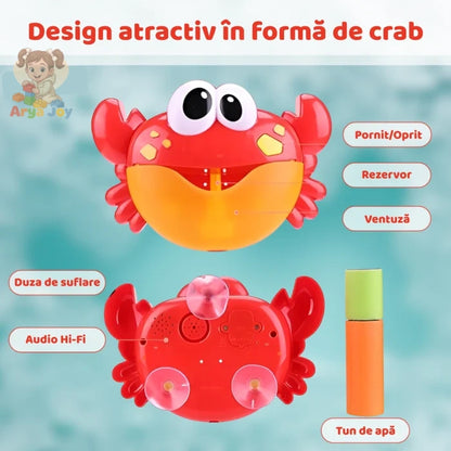 Infografic cu designul jucăriei Woopie Bubble Crab, rezervor, ventuză, buton de pornire și difuzor.