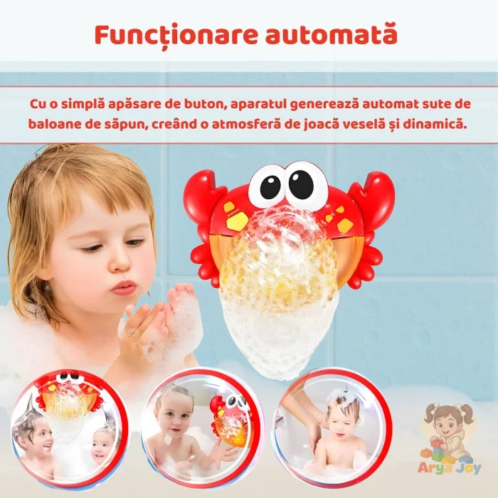Infografic Woopie Bubble Crab cu funcționare automată și spumă pentru joaca în baie.