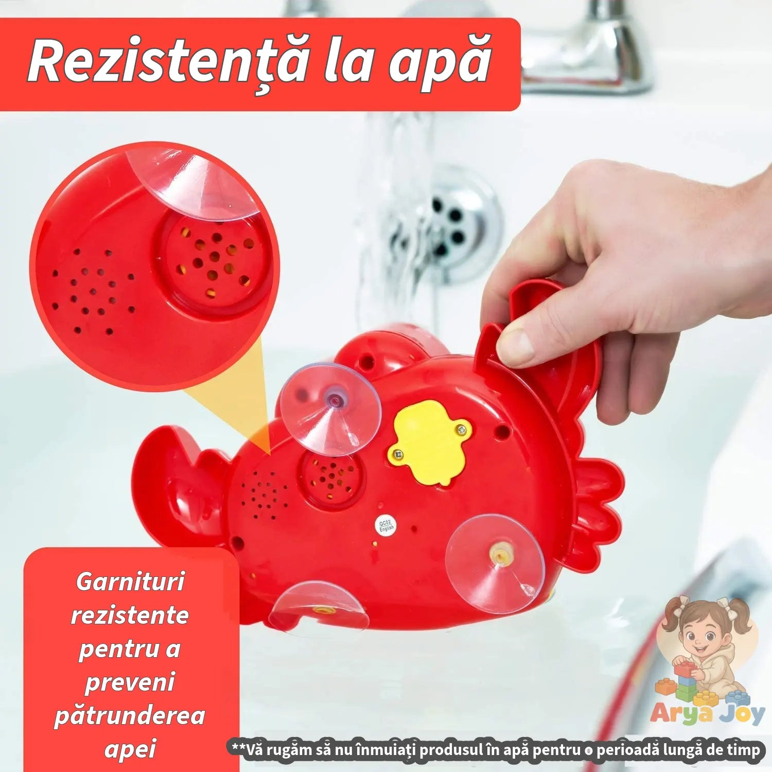 Detaliu cu spatele jucăriei Woopie Bubble Crab, ventuzele și zona protejată pentru baterii.