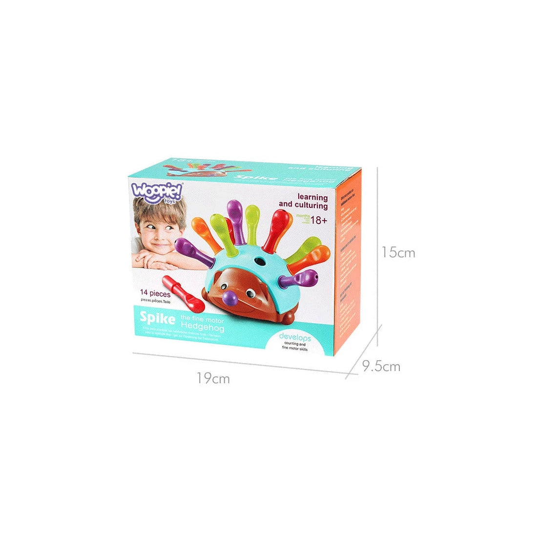 Ambalajul jucăriei Arici Woopie Spike the Fine Motor Hedgehog, recomandată de la 18 luni.