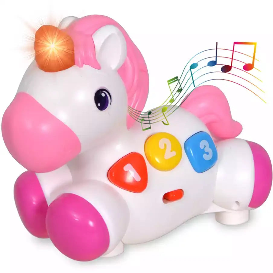 Jucărie interactivă Lean Toys Unicorn pe roți, albă și roz, cu lumini, sunete și butoane numerotate.