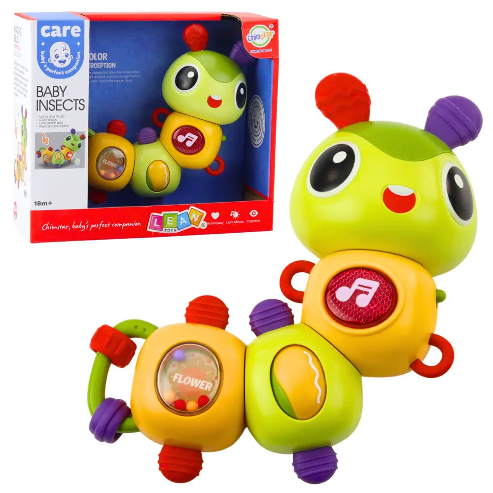 Jucărie senzorială Lean Toys în formă de omidă, cu muzică, lumini și zornăitoare, pentru copii de la 18 luni.