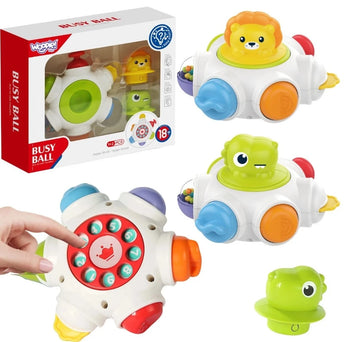 Jucărie senzorială Woopie Busy Ball 6 în 1 cu leu, dinozaur și ambalaj original.