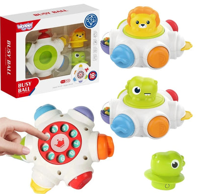 Jucărie senzorială Woopie Busy Ball 6 în 1 cu leu, dinozaur și ambalaj original.