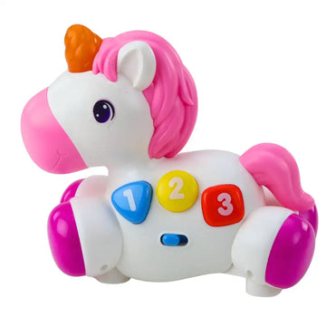 Jucărie unicorn Lean Toys cu butoane 1, 2 și 3, roți roz și corn portocaliu.