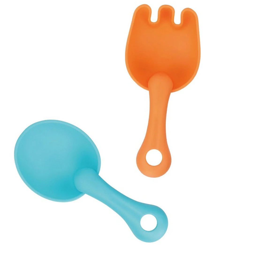Accesorii moi Woopie Baby pentru nisip, cu lopățică albastră și greblă portocalie ușor de prins.