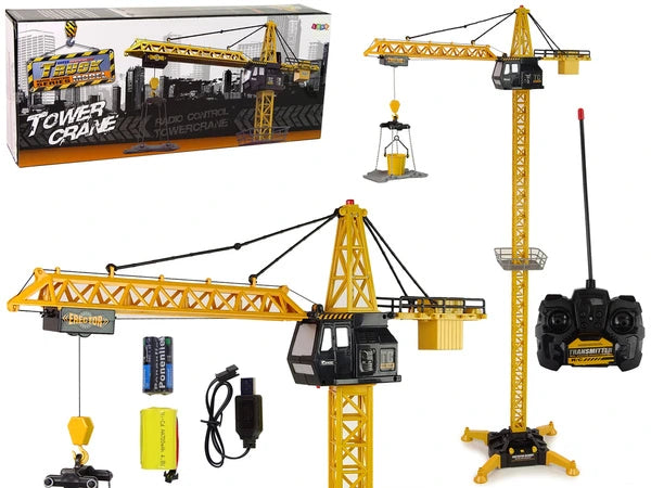 Set complet Macara turn RC Lean Toys, 183 cm, cu telecomandă, cârlig, platformă, găleată, baterie și accesorii de ridicare.