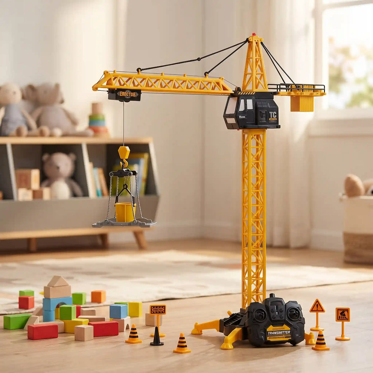 Macara turn RC Lean Toys într-o cameră de joacă luminoasă, cu telecomandă, cuburi și semne de șantier.