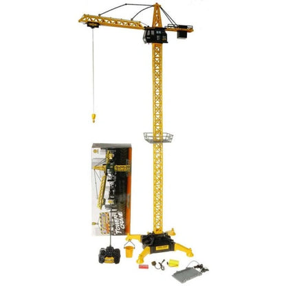 Set complet Macara turn RC Lean Toys pe fundal alb, cu telecomandă, cutie, cârlig, platformă și accesorii.