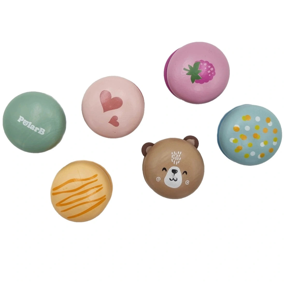 Cele 6 macarons PolarB Viga văzute de sus, în culori pastel și modele diferite pentru sortare.