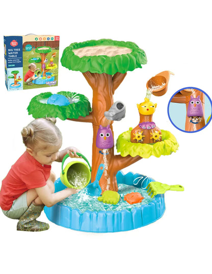 Masa de joacă Woopie Big Tree Water Table 2 în 1 pentru apă și nisip, cu 8 accesorii și ambalaj.