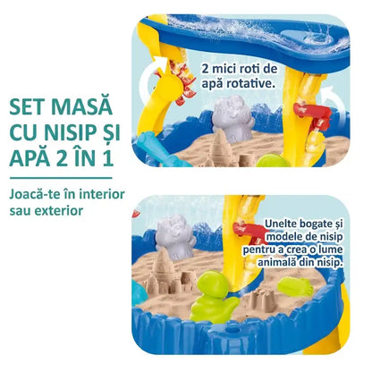Masă Woopie XL pentru apă și nisip 2 în 1, cu delfin, roți de apă și modele de nisip.
