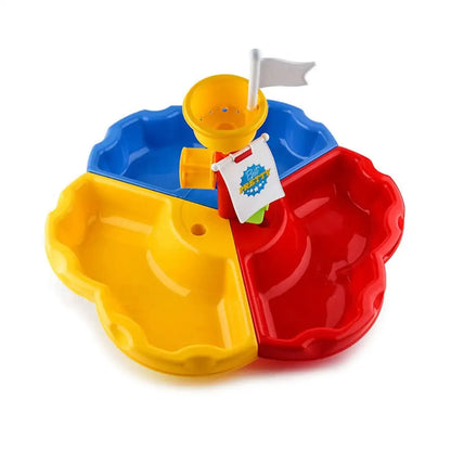 Baza colorată a mesei Woopie pentru nisip și apă, cu zone roșie, galbenă și albastră.