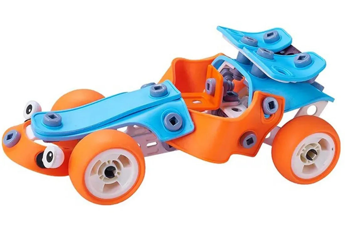Model mașină sport Woopie Build & Play, construită din piese albastre, portocalii și șuruburi.