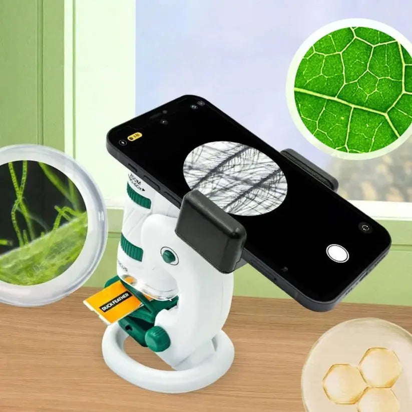 Microscop Lean Toys cu telefon atașat pentru observarea frunzelor și fotografierea detaliilor mărite.