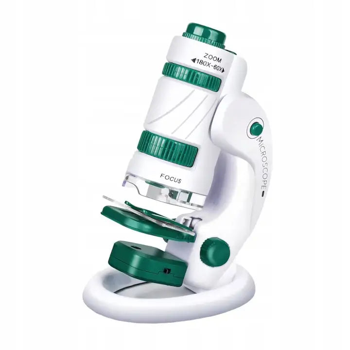 Microscop educativ portabil Lean Toys 2 în 1, alb și verde, cu mărire 60x și 180x pe suport.
