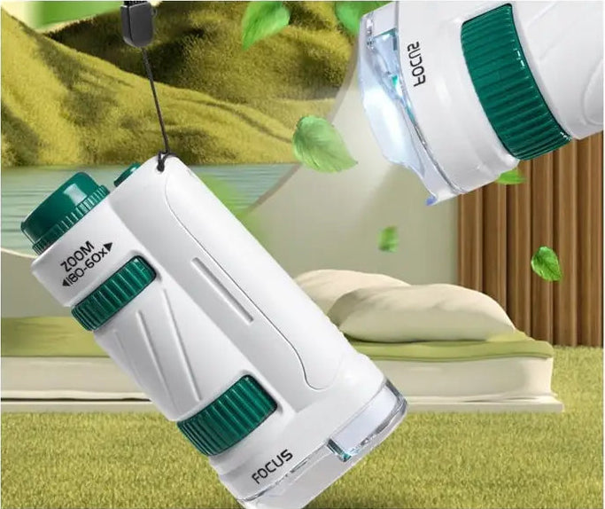Microscop portabil Lean Toys detașat de suport, cu lumină LED și șnur pentru explorări în exterior.