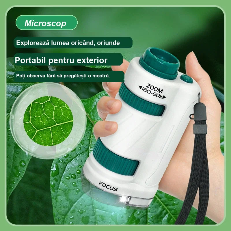 Microscop portabil Lean Toys pentru exterior, folosit pe frunze, cu mesaj despre explorare oriunde.