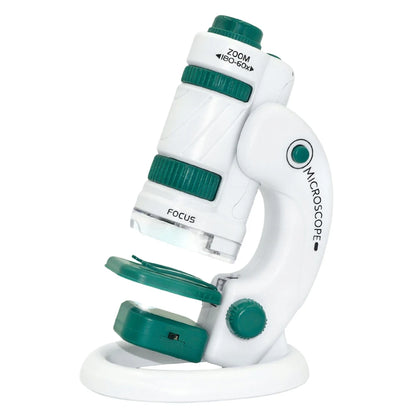 Microscop portabil Lean Toys montat pe suport, cu platformă, LED și inele de focalizare verzi