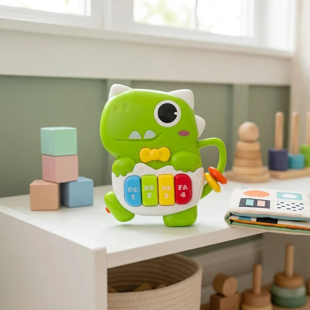 Mini pianul dinozaur Lean Toys așezat într-o cameră luminoasă de joacă, cu clape colorate și inele senzoriale.