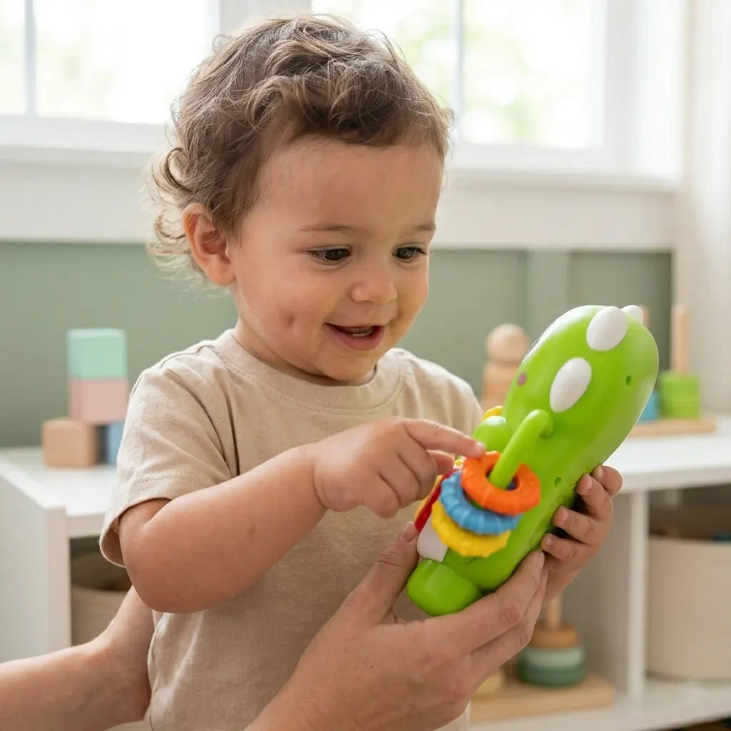 Copil care explorează inelele senzoriale de pe codița mini pianului dinozaur Lean Toys.
