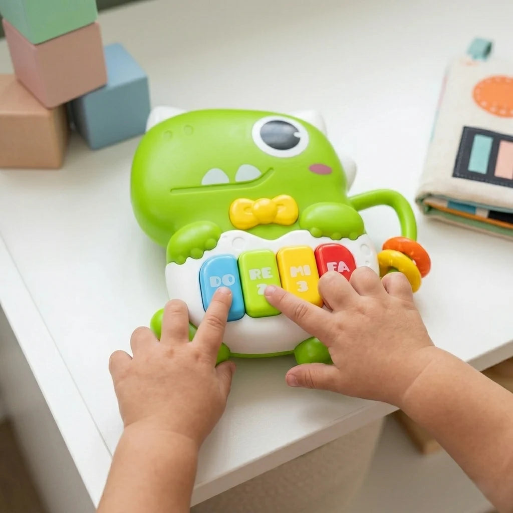 Mâinile copilului apăsând clapele DO RE MI FA ale mini pianului dinozaur Lean Toys.
