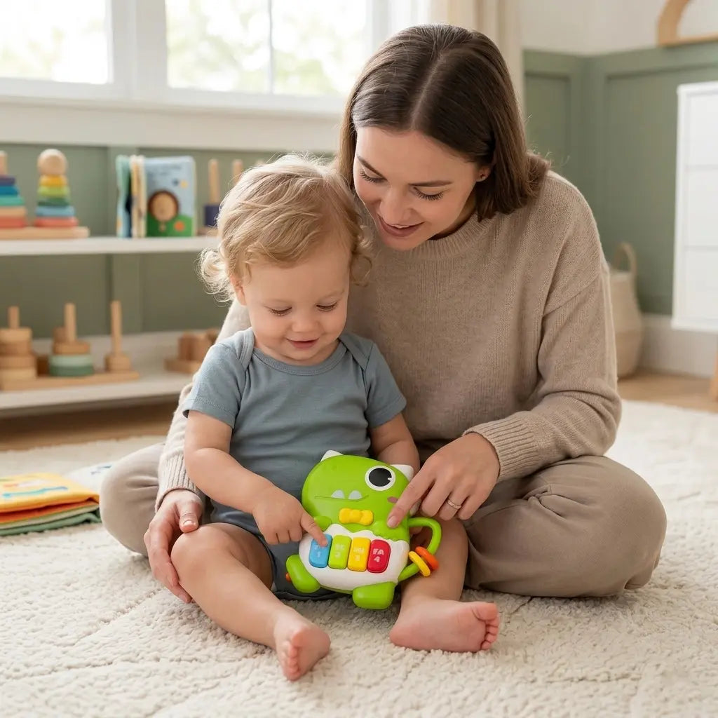 Părinte și copil care se joacă împreună cu mini pianul dinozaur Lean Toys, cu clapele colorate vizibile.