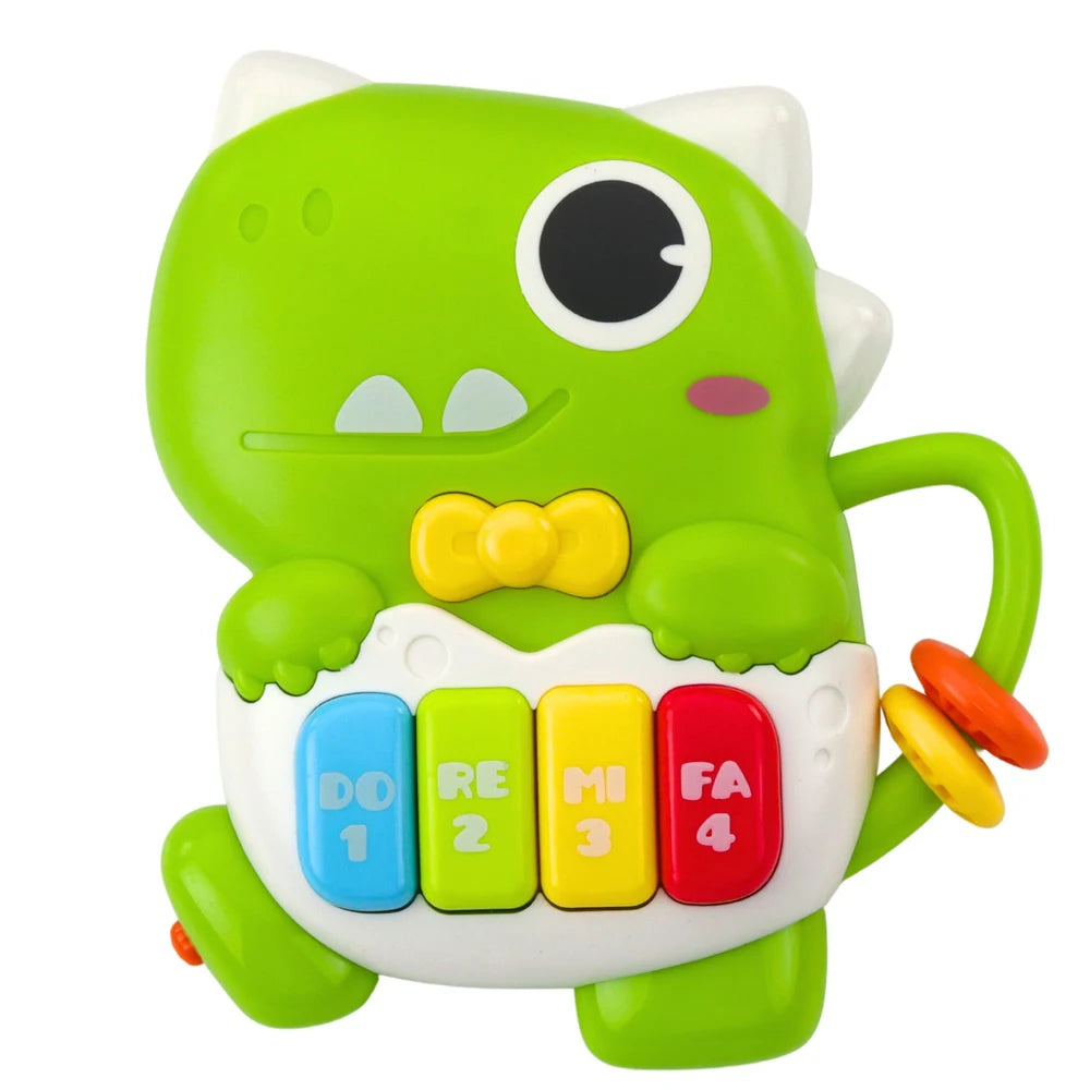 Jucărie muzicală Lean Toys în formă de dinozaur verde, cu clape DO RE MI FA și inele senzoriale.