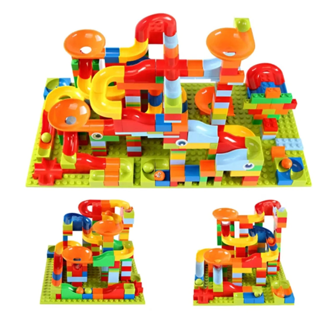 Exemple de modele construite cu setul Woopie Crazy Marble Run, cu trasee diferite pentru bile.