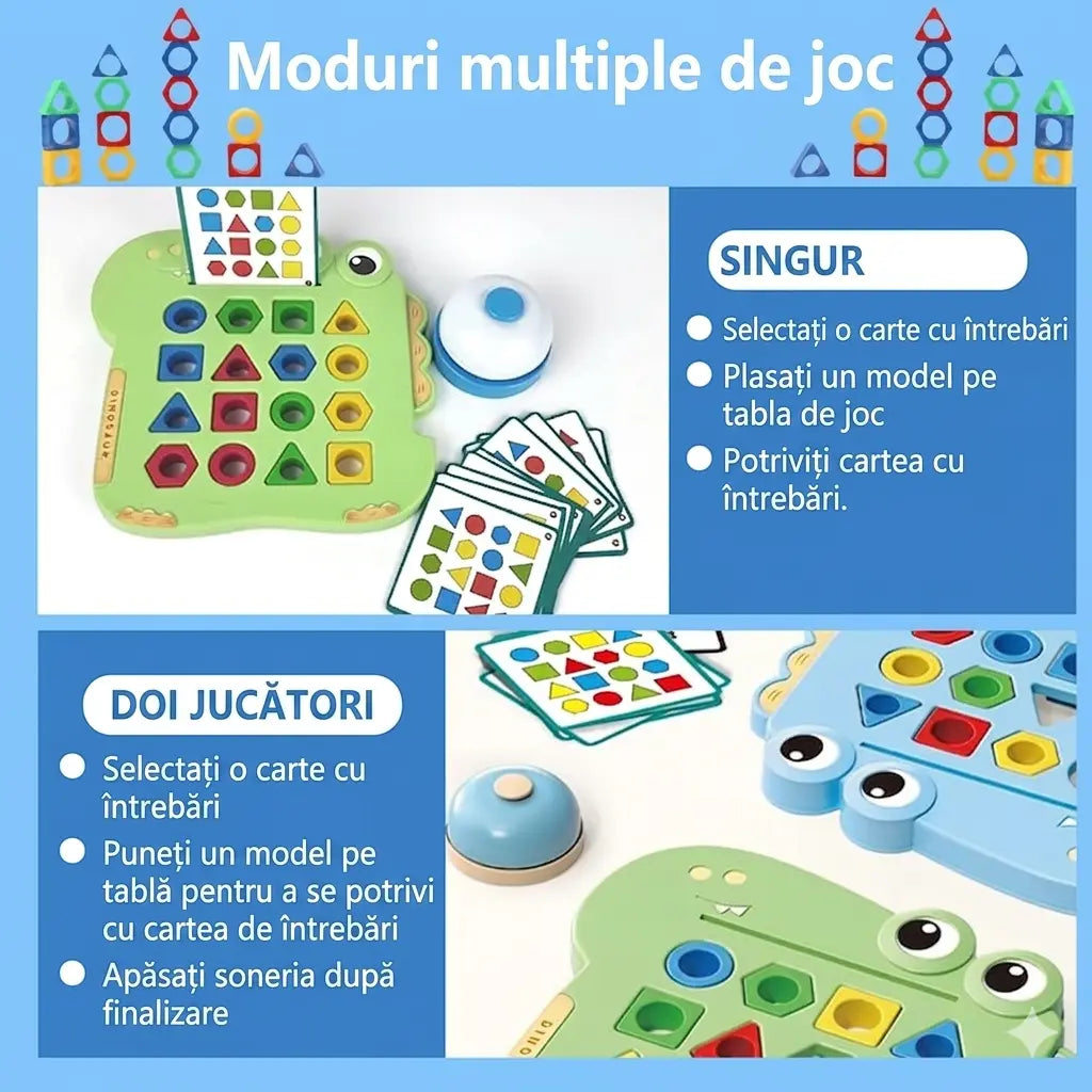 Infografic in romana pentru jocul Montessori Dinozaur Woopie, cu moduri de joc singur sau in doi jucatori.