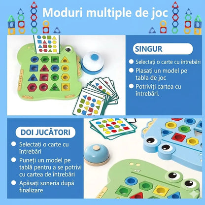 Infografic in romana pentru jocul Montessori Dinozaur Woopie, cu moduri de joc singur sau in doi jucatori.