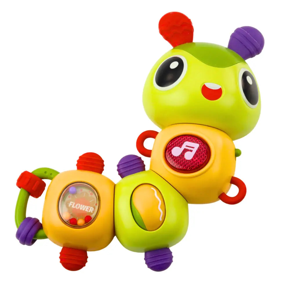 Omidă senzorială Lean Toys colorată, cu corp verde și galben, buton muzical și zornăitoare cu biluțe.