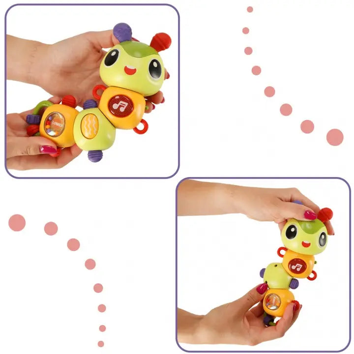 Omidă senzorială Lean Toys ținută în mâini, cu corp flexibil și elemente tactile.