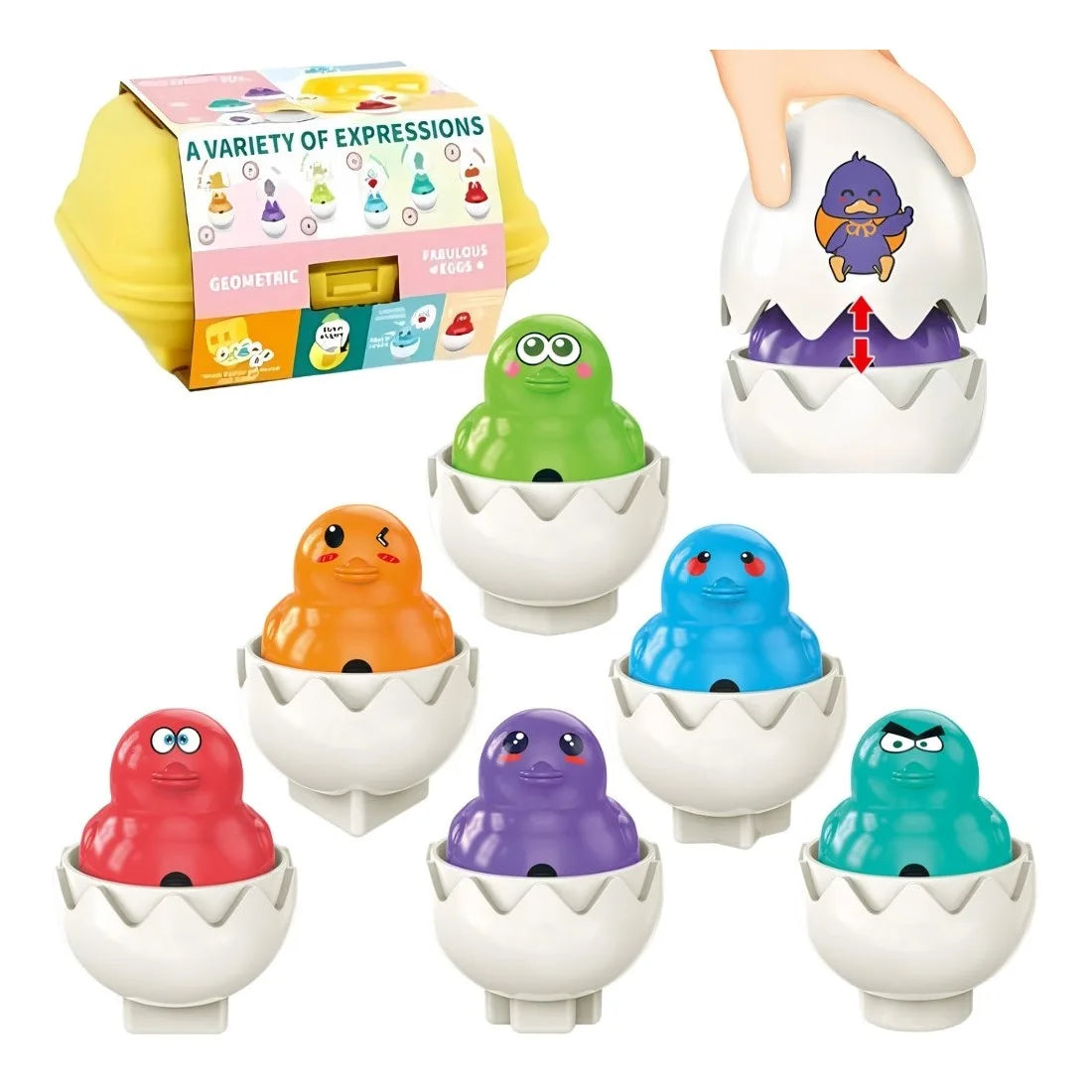 Colaj Woopie Montessori cu ambalaj Fun Chicks Eggs, 6 ouă, puișori și forme geometrice de potrivire.
