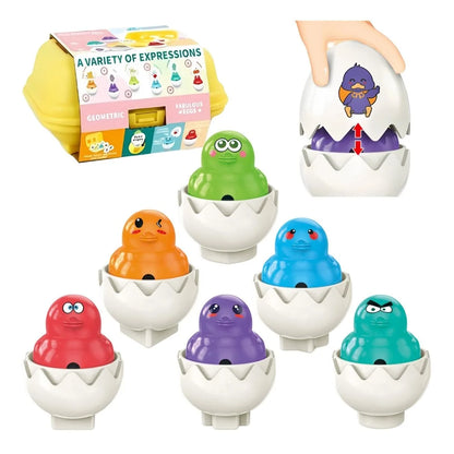 Colaj Woopie Montessori cu ambalaj Fun Chicks Eggs, 6 ouă, puișori și forme geometrice de potrivire.