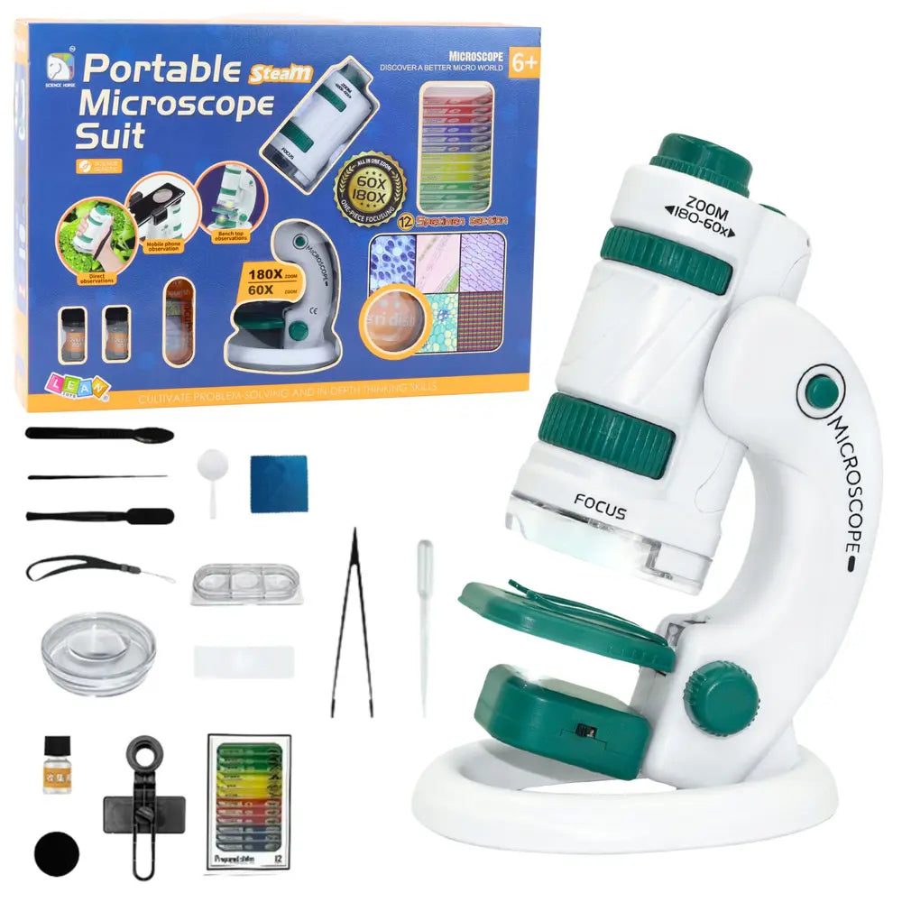 Pachet microscop portabil Lean Toys 2 în 1 cu ambalaj, accesorii de laborator și microscop pe suport.