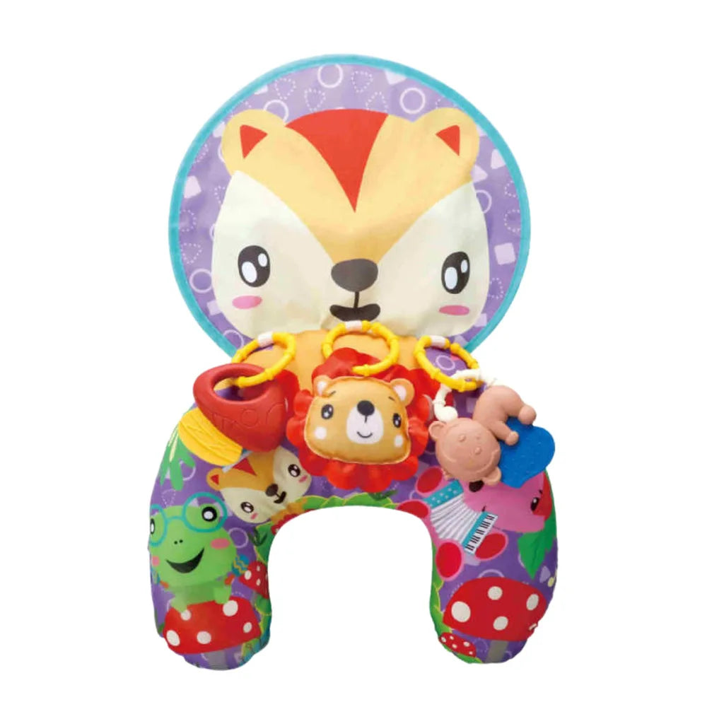 Pernă de burtică Lean Toys cu vulpiță, suport moale în formă de U și accesorii senzoriale suspendate.