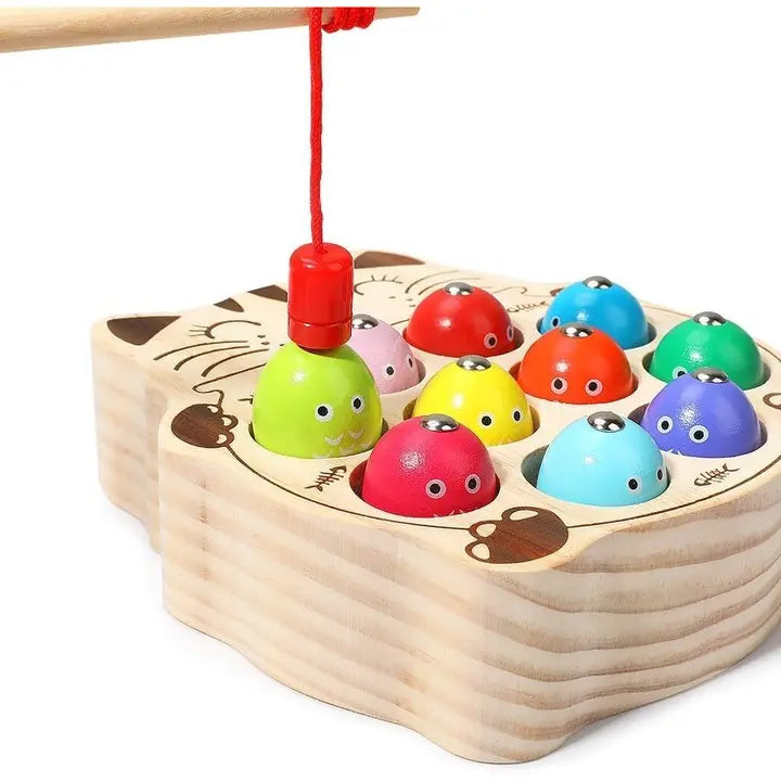 Pește magnetic ridicat cu undița din tabla de lemn în formă de pisică, pentru coordonare mână-ochi.