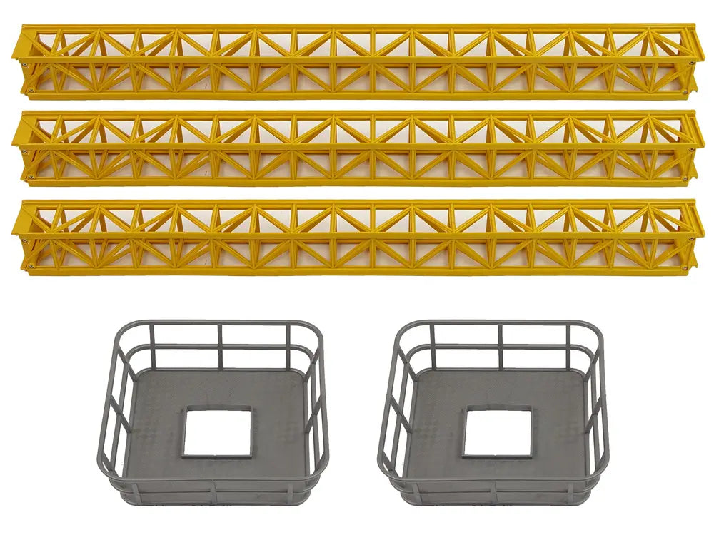 Piese de construcție pentru macara turn RC Lean Toys, cu segmente galbene de turn și platforme gri pentru montaj.