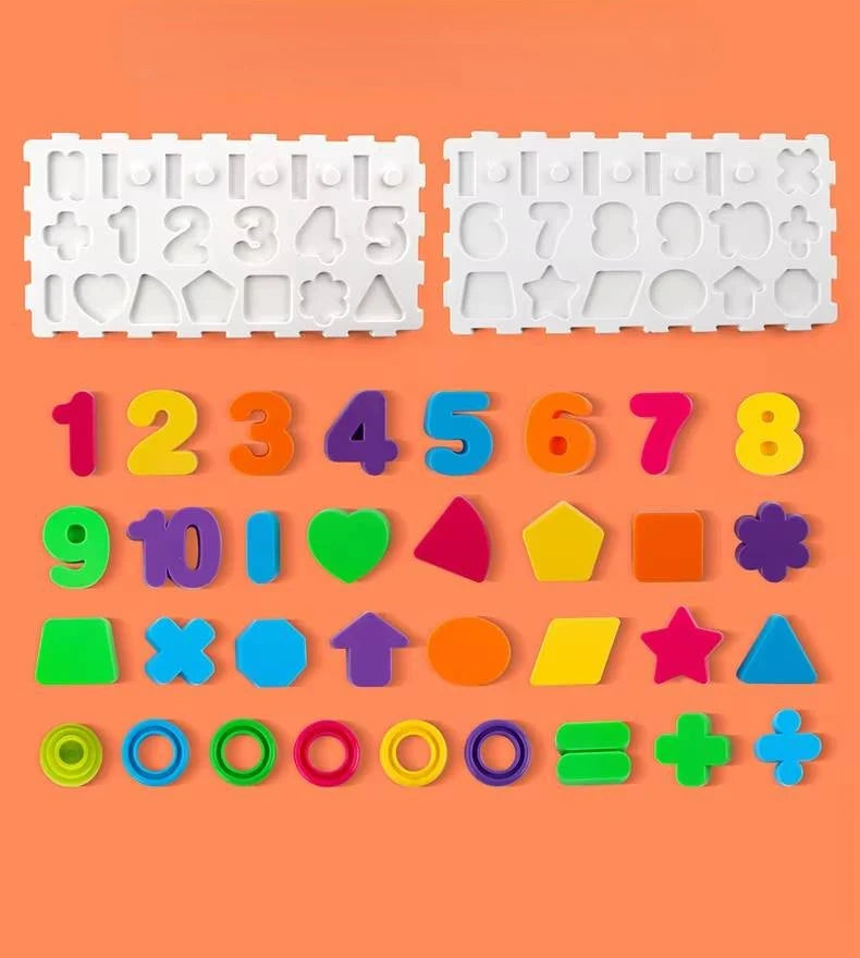 Piese colorate pentru tabla cognitiva Woopie: numere, forme, semne matematice si inele pentru sortare.
